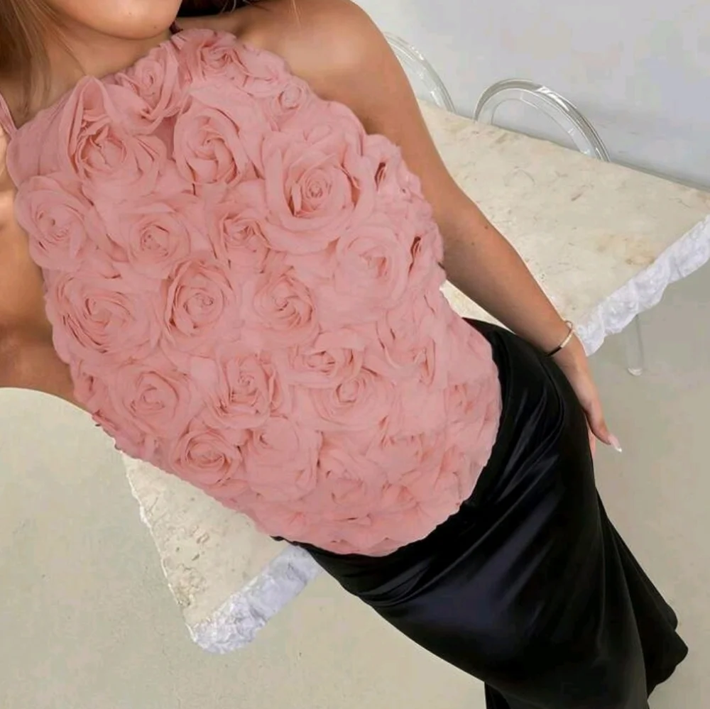 Aloruh Elegant Solid Color 3D Rose Flower Halter Neck Tank Top - Picture 3 of 5